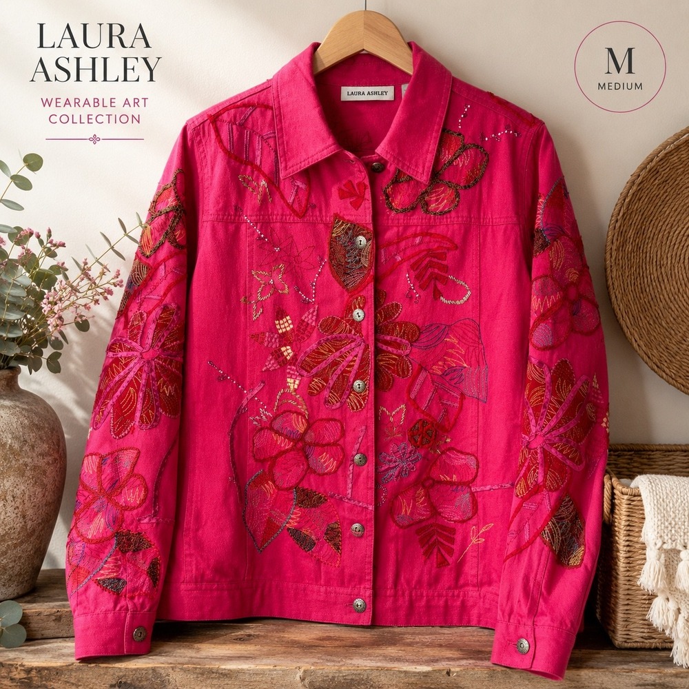 Laura‎ Ashley Wearable Art Jacket Pink Embroidered Floral Medium